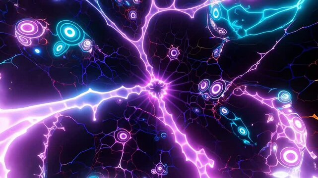 a mesmerizing loop animation showcasing futuristic AI-driven patterns and seamless transitions. Focus on glowing circuits, neural networks, and evolving fractals in an endless motion