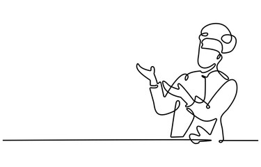 Continuous one line drawing of a chef is cooking in the kitchen, Continuous one line drawing of chef cooking with pan. Professional chef holds pan in single line draw vector illustration.