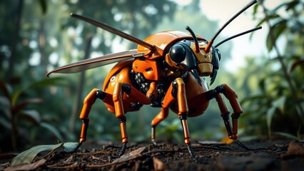 Fototapeta premium Mechanical marvel: Close-up of a detailed steampunk wasp in a natural setting