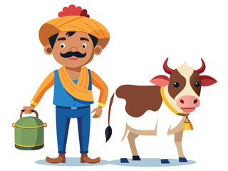Cartoon farmer with a milk can and a cow on a white background