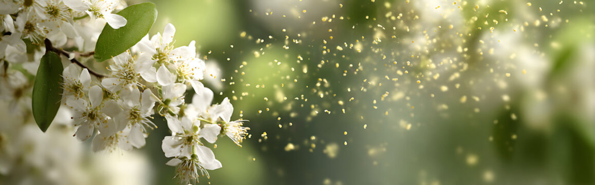 Close-up of floating pollen particles with soft focus allergy relief symbols in background, seasonal health impact concept