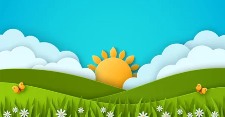 Fototapeten Türkis Beautiful summer landscape background. Fluffy clouds, blue sky, sun, yellow butterfly. Green grass lawn field and daisy flowers. Vector illustration. Paper cut countryside hills. Place for text  © kotoffei