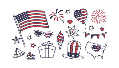 USA Independence Day Patriotic Clipart Set | American Flag, Fireworks, Stars, Hat, Heart, Gift, and Decorations | 4th of July Celebration Elements | Red White Blue Vector Icons

