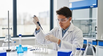 A young scientist in a lab, using a pipette