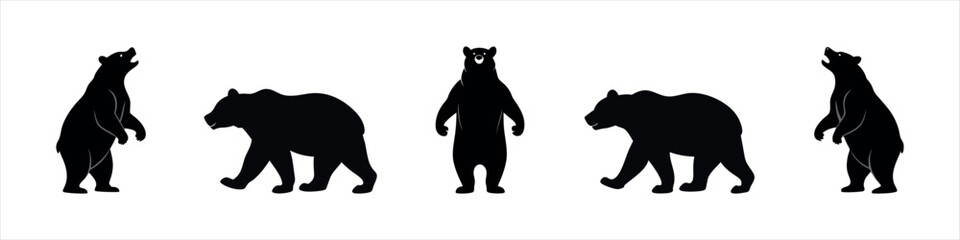 Bear Silhouette Design Set Walking, Standing, and Roaring Bears Vector Clipart

