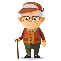 Cartoon of an elderly man with a cane and wearing glasses