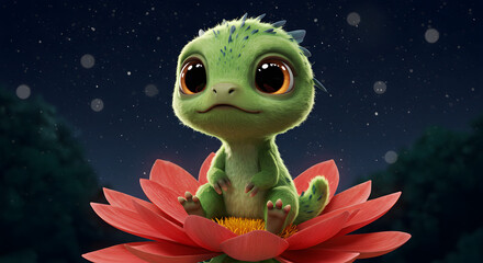 Fototapeta premium A delightful animated baby dragon rests gently atop a vibrant flower, its captivating big eyes and charming expression exuding warmth and cuteness.