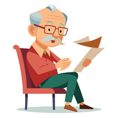 Old man reading a document while sitting on a red chair
