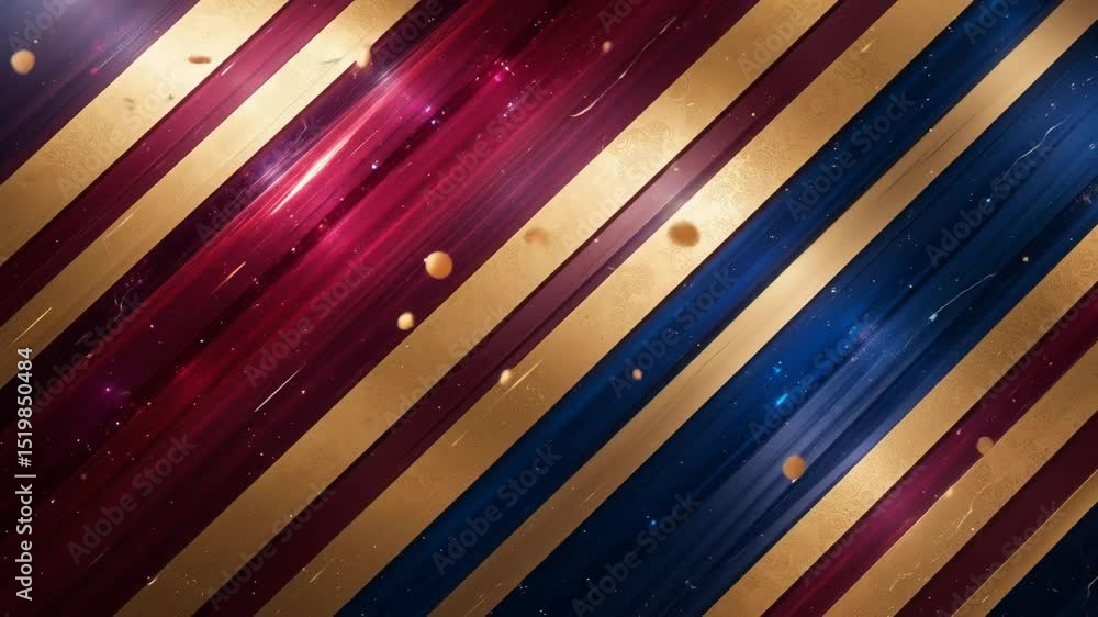 Poster dynamic red, blue, and gold striped pattern with glittering particle effects in motion