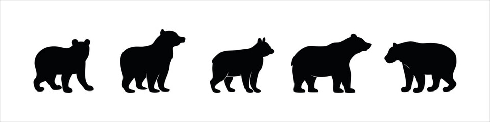 Bear Silhouette Design Set Walking, Standing, and Roaring Bears Vector Clipart

