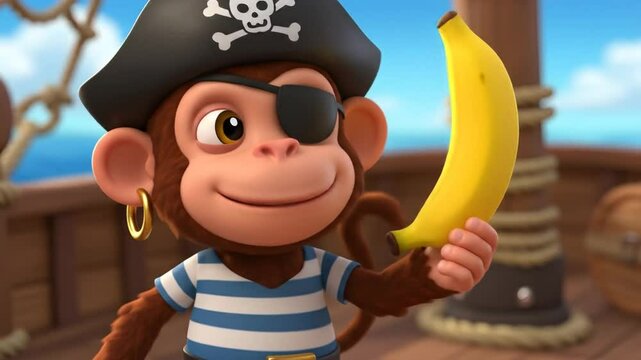 Animated monkey holding banana on pirate ship