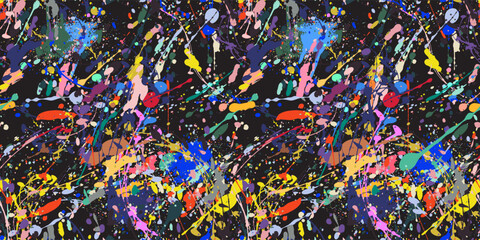 Hand drawn vector multicolor paint splashes texture, vector seamless pattern. Seamless pattern colorful paint splashes. Paint brush stroke, ink. Brush stroke set isolated on background.