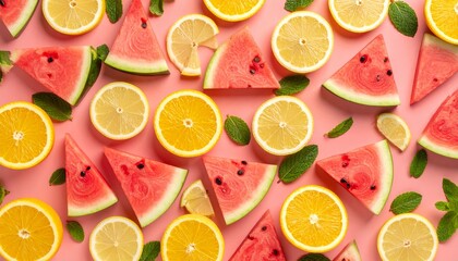Vibrant flat-lay seamless pattern of watermelon slices and citrus fruits