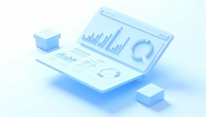 Minimalist 3D render of a digital interface displaying charts and data, symbolizing data analysis, reporting, and business insights. Ideal for tech and finance themes