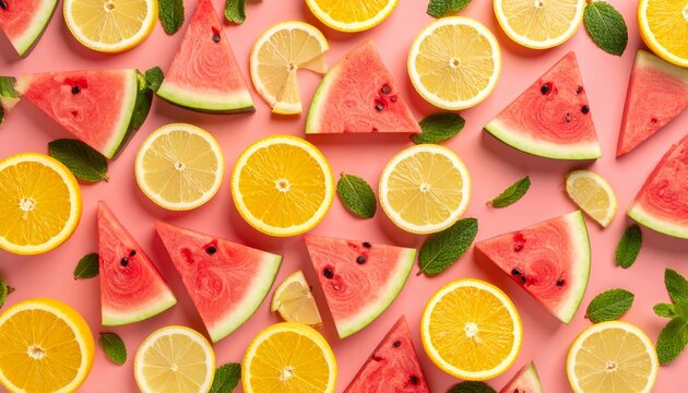 Vibrant flat-lay seamless pattern of watermelon slices and citrus fruits