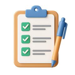 A 3D rendered clipboard with checklist and pen