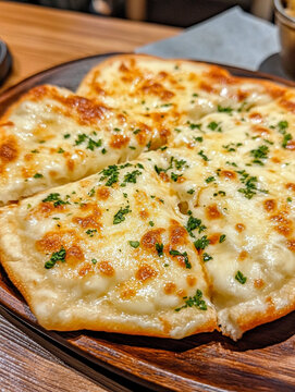 Indian naan bread with garlic butter and sauces on wooden table. AI Generative.