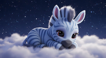 A whimsical, dreamy scene unfolds as a cute, animated zebra cub reclines amidst fluffy clouds beneath a starlit night sky.