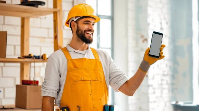 Cheerful construction worker in an orange hard hat shows a smartphone in a workshop, representing modern technology.