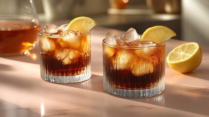 Two chilled, dark drinks with lemon slices, garnished with ice, sit on a pale pink surface