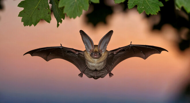 A brown long-eared bat (Plecotus auritus) flying with wings spread
