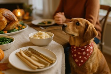 Dog staring at holiday food during family Thanksgiving meal at dinner table