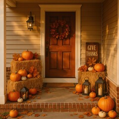 Front porch decorated with pumpkins, straw bales, and fall sign for Thanksgiving