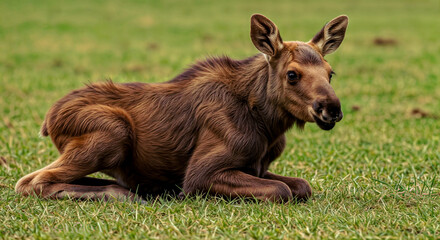 Fototapeta premium A cute baby moose (Alces alces) lying peacefully in green grass
