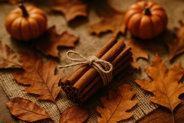 Fototapeta premium Fall-themed flat lay with cinnamon sticks, leaves, and pumpkins on rustic background