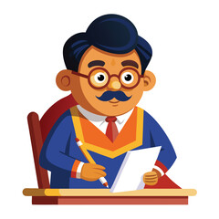 Cartoon man with mustache writing on paper at wooden desk