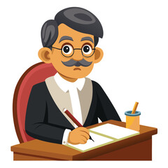 Cartoon man with mustache writing at a wooden desk image
