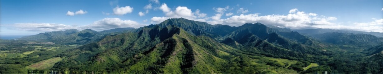 Obraz premium Stunning panoramic view of lush green mountains and vibrant blue sky.