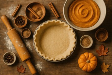Fototapeta premium Pumpkin Pie Baking Ingredients on Rustic Table