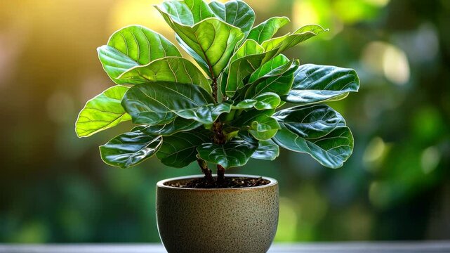 Vibrant potted fiddle leaf fig plant in a speckled pot, bathed in natural light