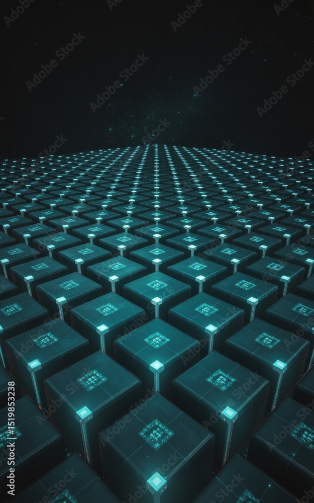 Poster abstract futuristic digital cubes array forming a perspective grid against a dark night sky backgrou