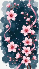 Beautiful pink cherry blossoms flowers with delicate petals and branches set against a starry night sky with clouds and pink ribbons for a dreamy sp theme