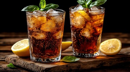 Two glasses of cola drinks with ice, lemon, and basil
