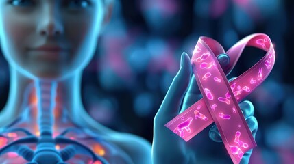 cancer and risk concept. Empowered woman holding a pink ribbon symbolizing breast cancer awareness.