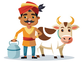 Fototapeta premium Cartoon farmer with milk can and cow vector illustration