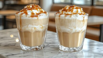 Two glasses of caramel iced coffee drinks