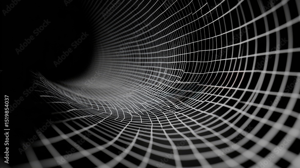 Poster abstract grayscale grid forming a warped tunnel, creating a sense of depth and perspective