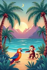 Monkey and parrot on tropical beach sunset