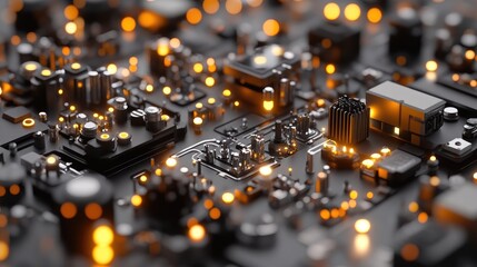 Glowing circuitry; intricate electronic components illuminated, showcasing technological detail