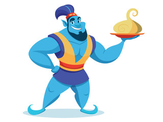 Cartoon genie holding a plate with a swirling cloud item