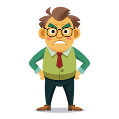 Cartoon man with glasses and tie standing with hands on hips