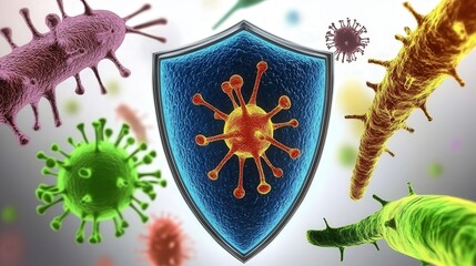 cancer and risk concept. Virus illustration with a shield, representing protection against pathogens.
