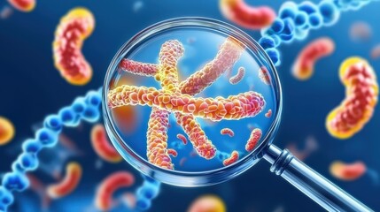 cancer and risk concept. Microscopic view of bacteria under a magnifying glass.