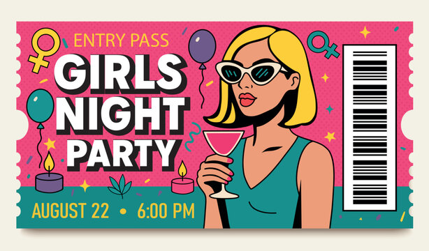 Vector pop art bachelorette party ticket. Stylish girl with cocktail, pink background, female symbols. Ideal for parties, women's events and girls' parties