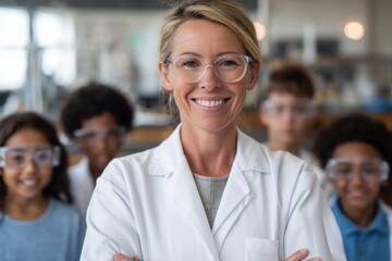 Fototapeta premium Caucasian female scientist leading multiracial children in science classroom.