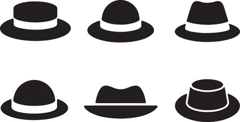 Vintage Hat Silhouette Vector Icon Set – Retro Fedora, Bowler, and Classic Hat Clipart for Merch Design.